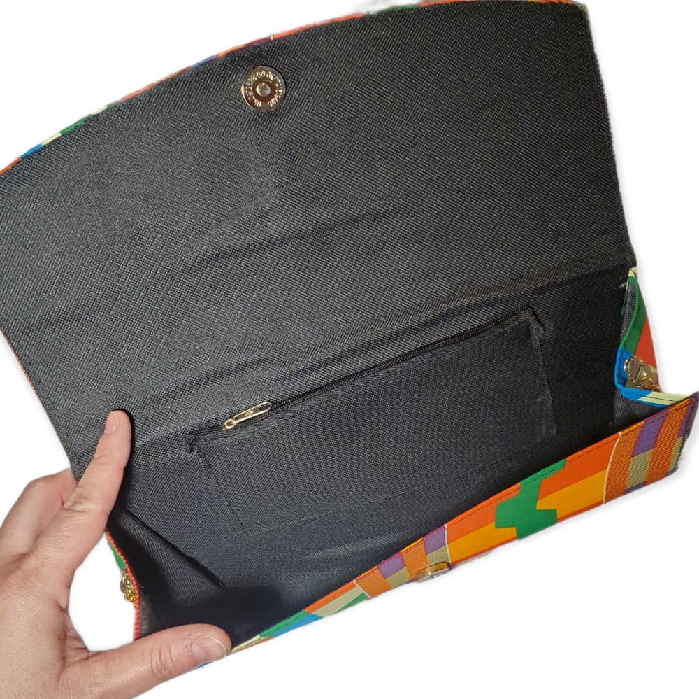 African Tribal Multicolored Fabric Clutch Purse with Chain and Bow - Picture 4 of 6